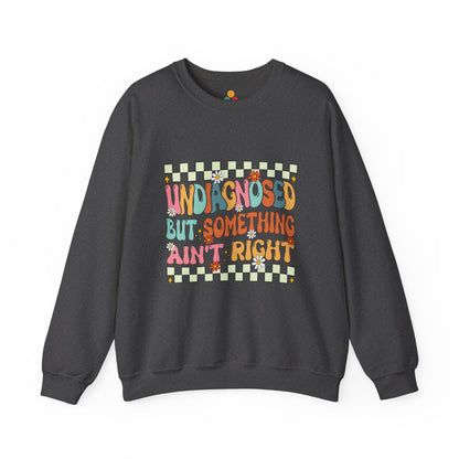 Gray sweatshirt with colorful text and pattern on a white background