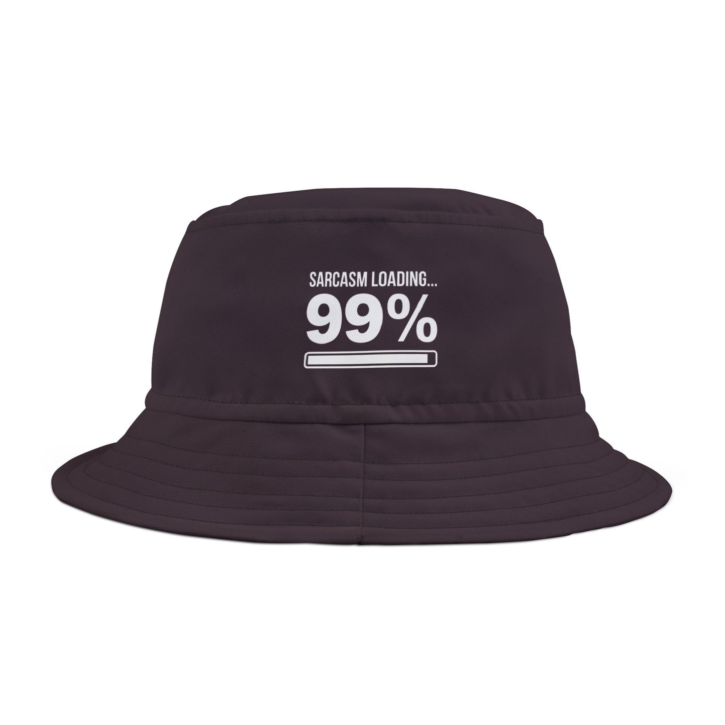 Funny sarcastic black bucket hat with 'Sarcasm Loading... 99%' text on a white background. TEEZOCA