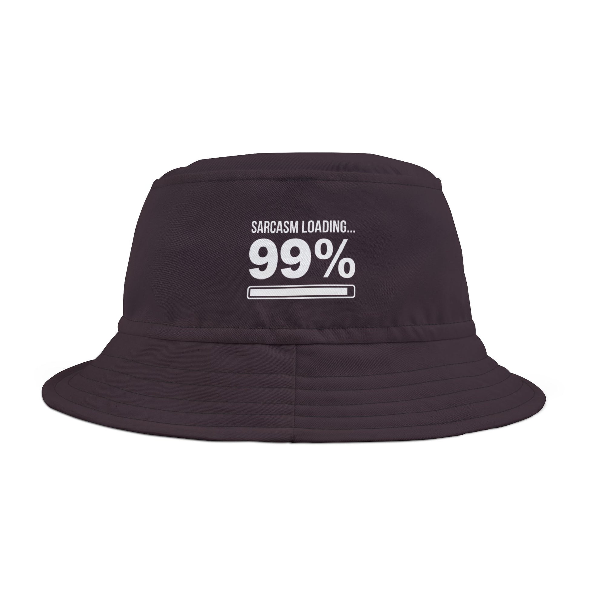 Funny sarcastic black bucket hat with 'Sarcasm Loading... 99%' text on a white background. TEEZOCA