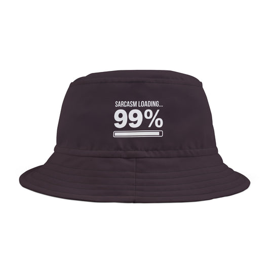 Funny sarcastic black bucket hat with 'Sarcasm Loading... 99%' text on a white background. TEEZOCA