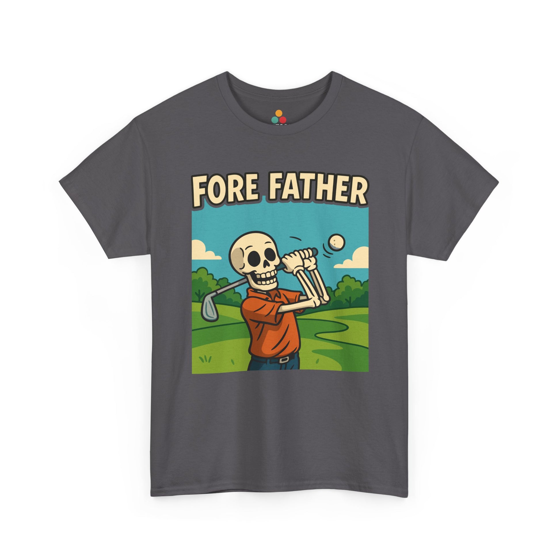 
“Dark heather  ‘Fore Father’ t‑shirts showing a skeleton dad swinging a golf club, flat view.”

