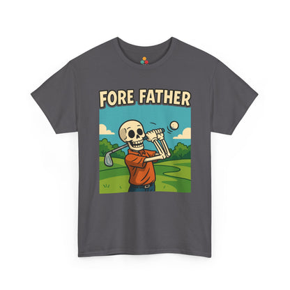 
“Dark heather  ‘Fore Father’ t‑shirts showing a skeleton dad swinging a golf club, flat view.”


