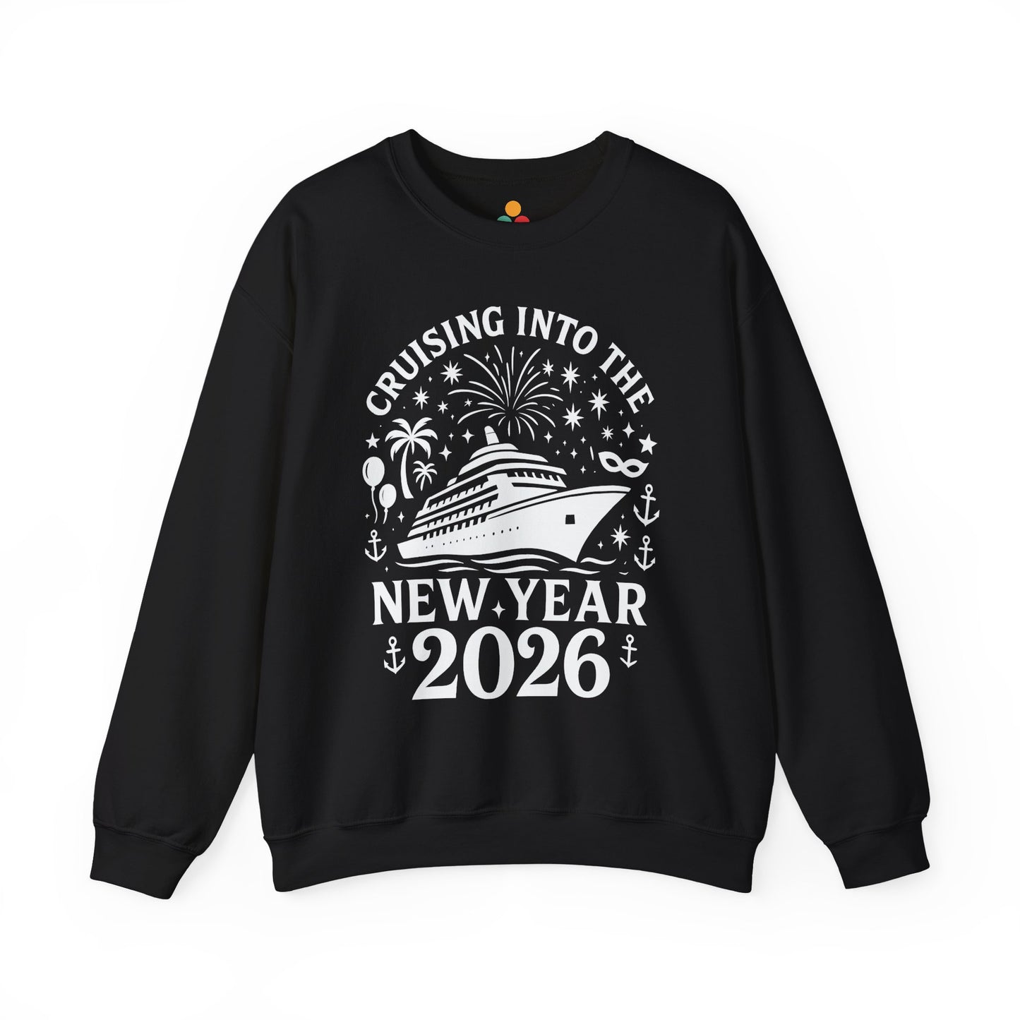 Black sweatshirt with New Year 2026 design featuring a cruise ship on a white background