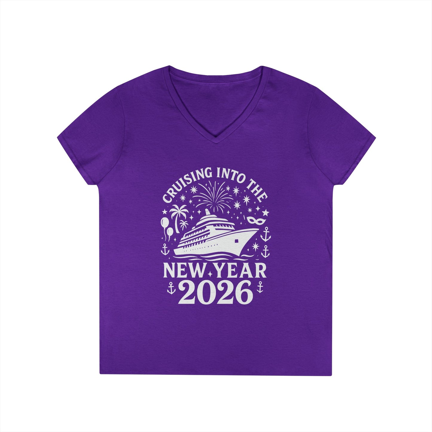 Purple t-shirt with New Year's design featuring a cruise ship and text on a white background