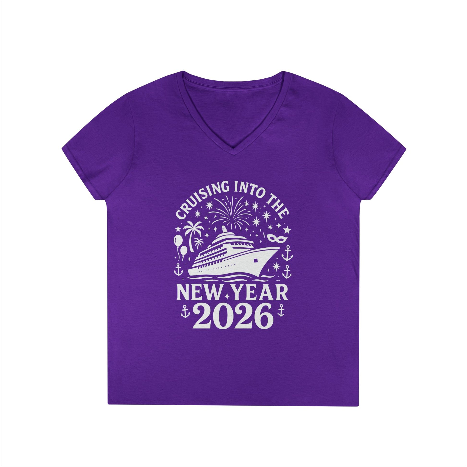 Purple t-shirt with New Year's design featuring a cruise ship and text on a white background