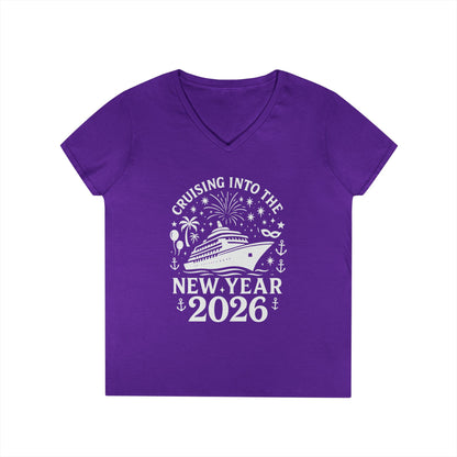 Purple t-shirt with New Year's design featuring a cruise ship and text on a white background