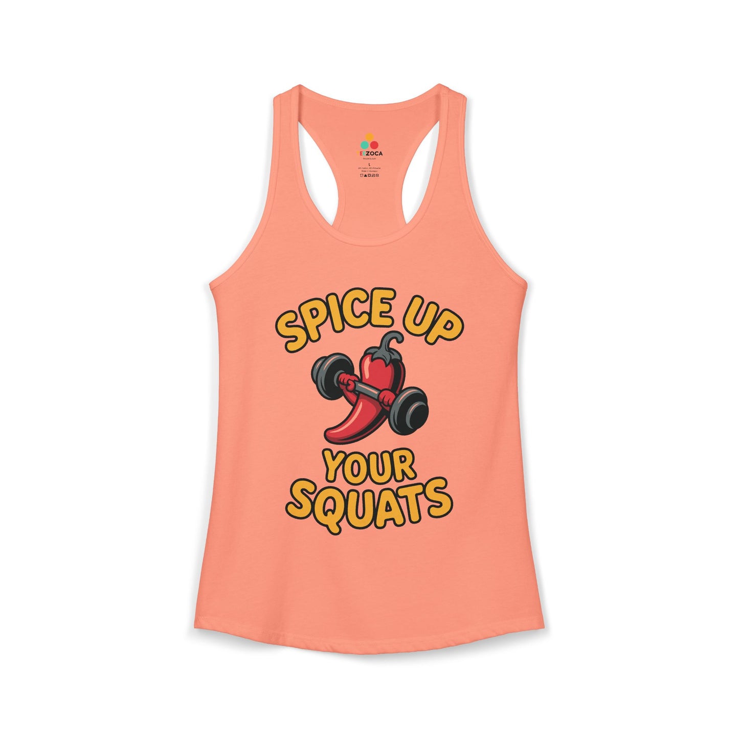 Peach tank top with 'Spice Up Your Squats' graphic design on a white background. TEEZOCA women’s tank top featuring a funny weightlifting chili pepper workout illustration
