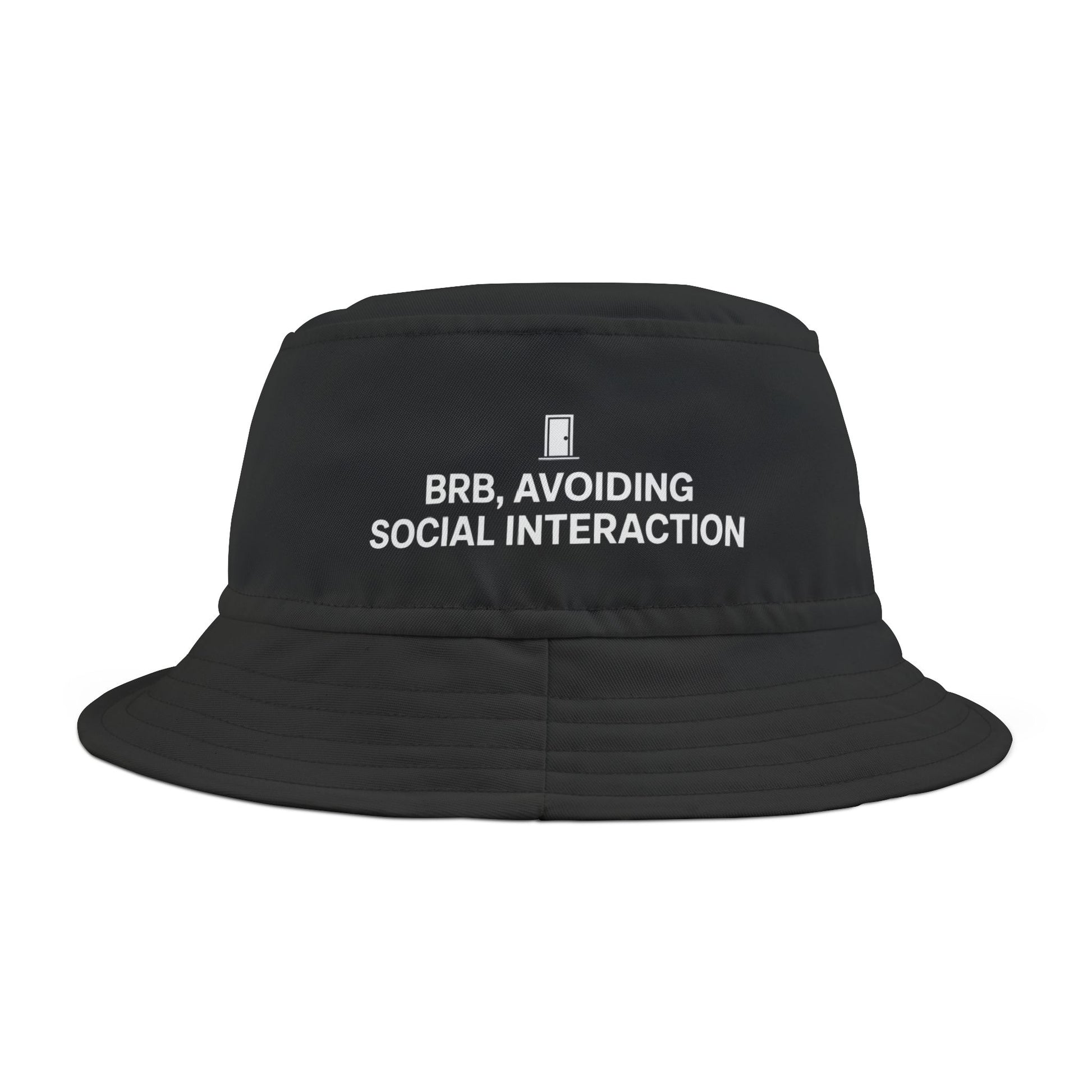 Funny black bucket hat with text 'BRB, Avoiding Social Interaction' on a white background. TEEZOCA