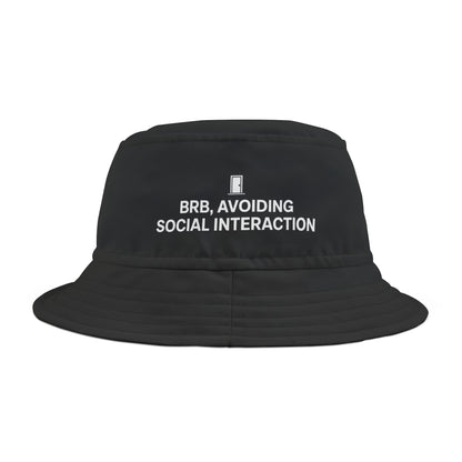 Funny black bucket hat with text 'BRB, Avoiding Social Interaction' on a white background. TEEZOCA