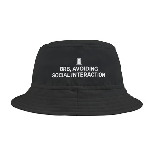 Funny black bucket hat with text 'BRB, Avoiding Social Interaction' on a white background. TEEZOCA