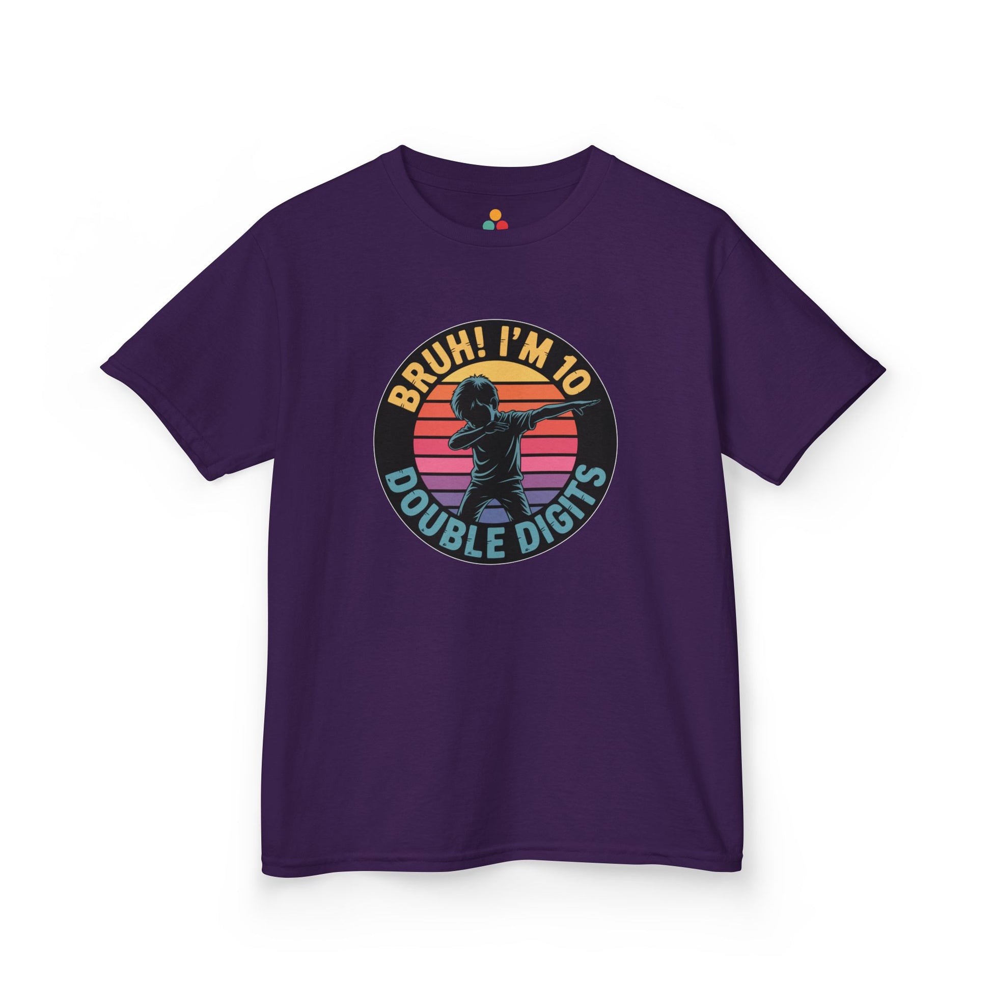 “Purple ‘Bruh! I’m 10 Double Digits’ t‑shirt featuring dabbing kid in retro sunset circle, fun 10th birthday design, flat front.”

