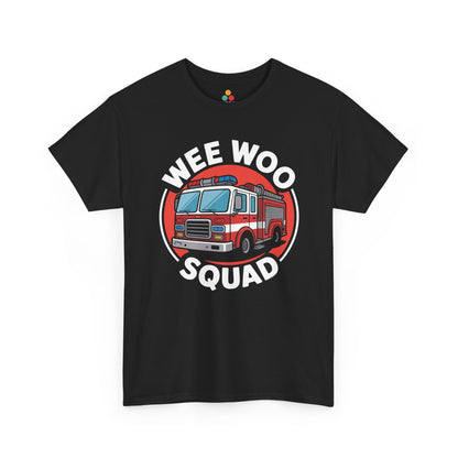 “Teezoca Wee Woo Squad shirt, cartoon red fire truck in red circle badge with Wee Woo Squad text, black tee, front view.”

