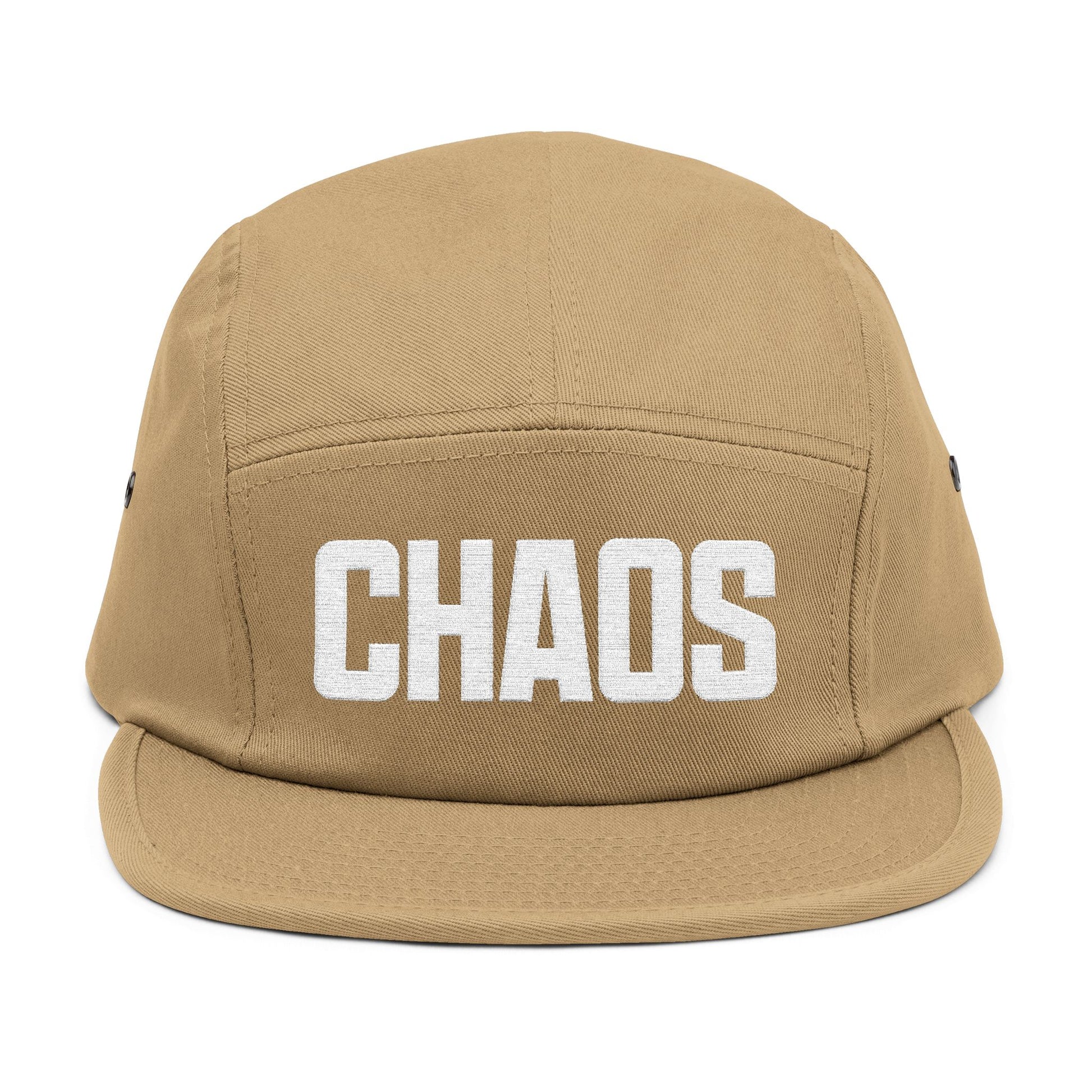 Tan cap with 'CHAOS' printed on the front against a white background. CHAOS bold block-letter embroidery design in light beige color. TEEZOCA