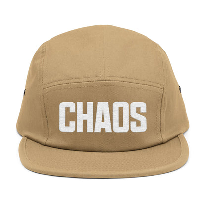 Tan cap with 'CHAOS' printed on the front against a white background. CHAOS bold block-letter embroidery design in light beige color. TEEZOCA