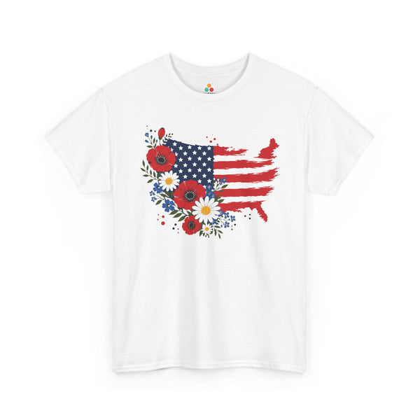4th of July Shirt Floral USA Map American Flag Cute T-shirt Gift TEEZOCA