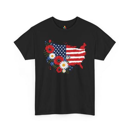 4th of July Shirt Floral USA Map American Flag Cute T-shirt Gift | TEEZOCA womens 4th of july shirt with red white blue floral shirt styling, USA map silhouette, and American flag floral art.
