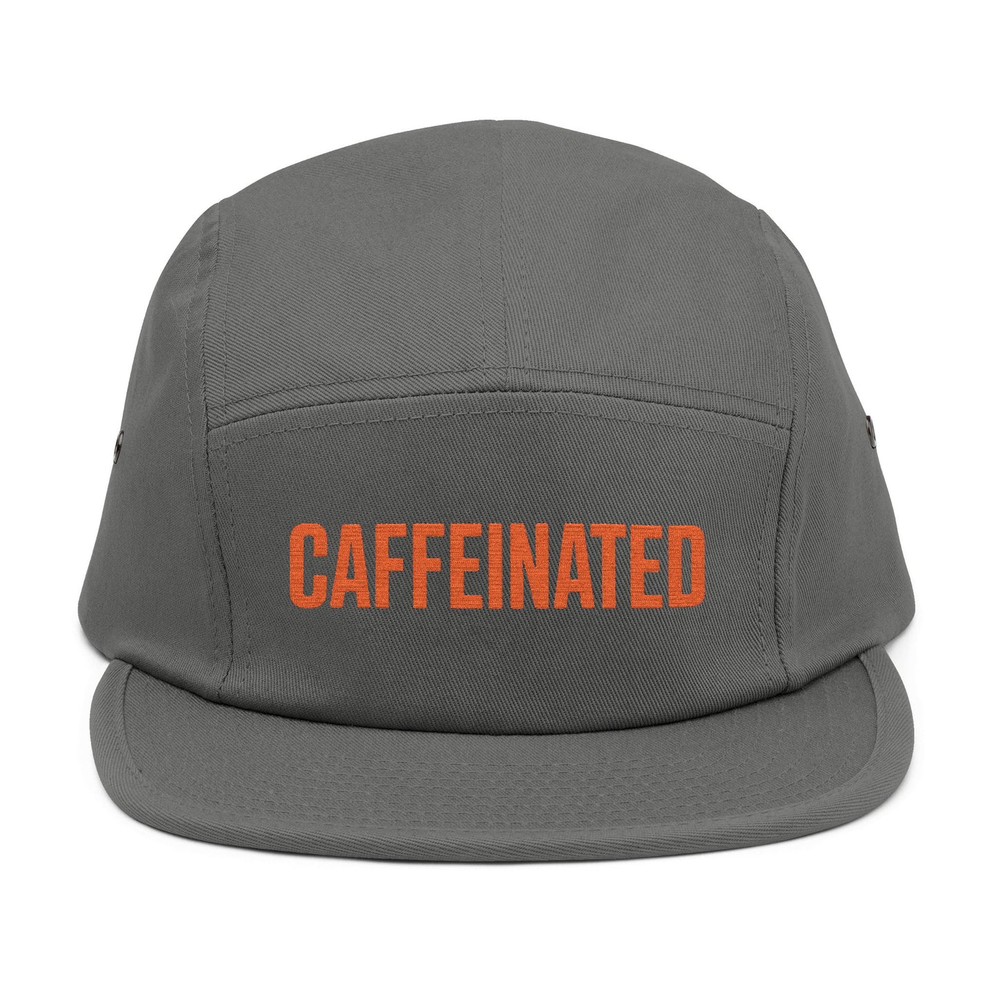 Gray cap with 'CAFFEINATED' text in orange on a white background. Caffeinated bold typography graphic design in orange. TEEZOCA