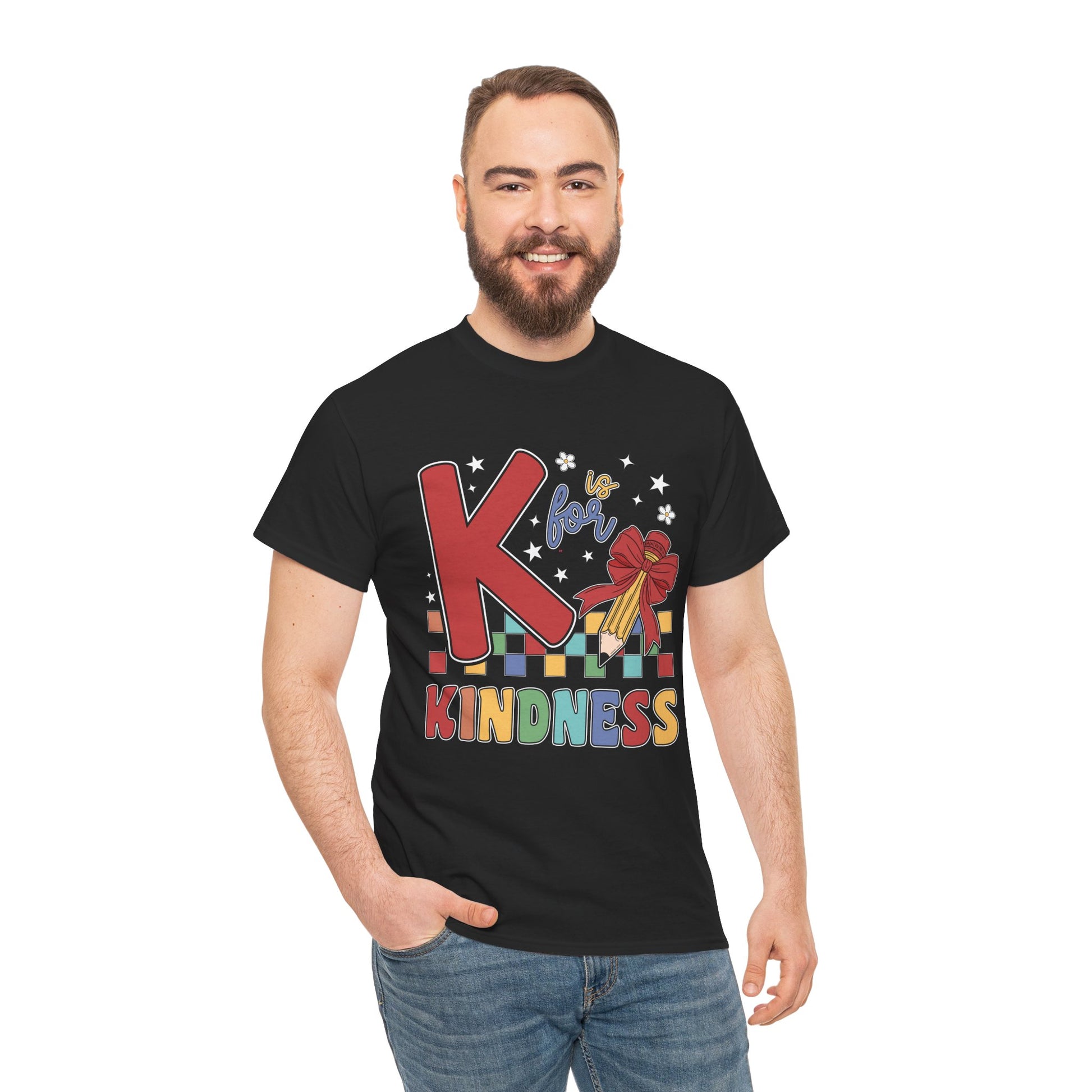 “Male teacher in Teezoca K is for Kindness t-shirt, bold red K and rainbow kindness letters, black tee, casual pose.”

