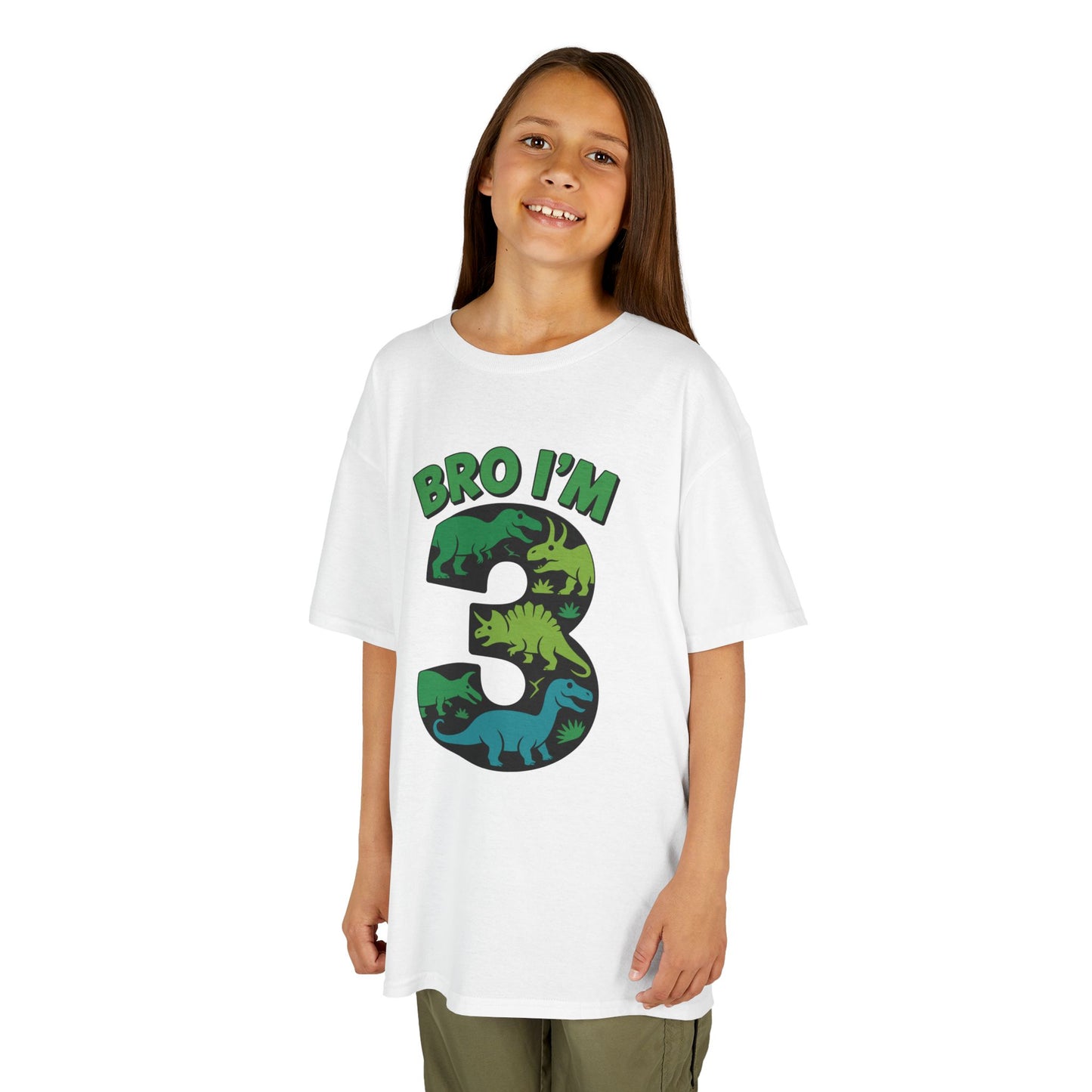 "Child wearing white 'Bro I'm 3' dinosaur birthday t‑shirt, front view."

