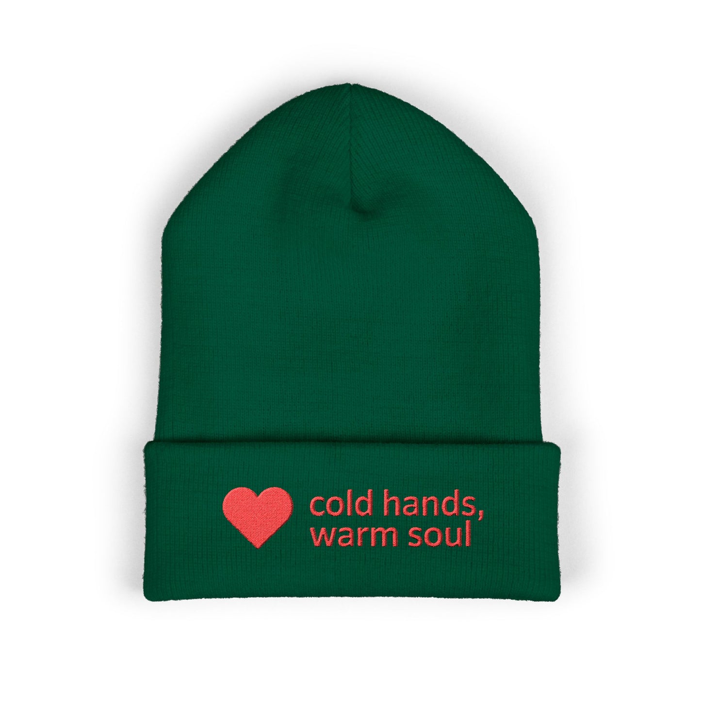 Cozy cuffed winter beanie featuring a small heart and warm soul embroidery