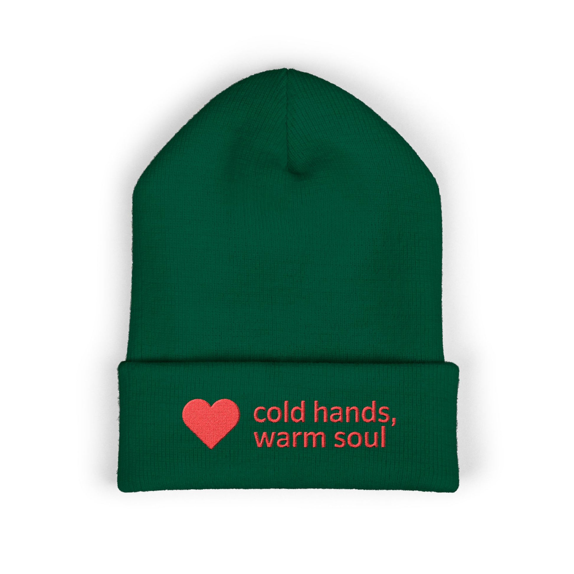 Cozy cuffed winter beanie featuring a small heart and warm soul embroidery