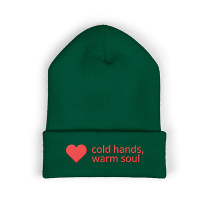 Cozy cuffed winter beanie featuring a small heart and warm soul embroidery