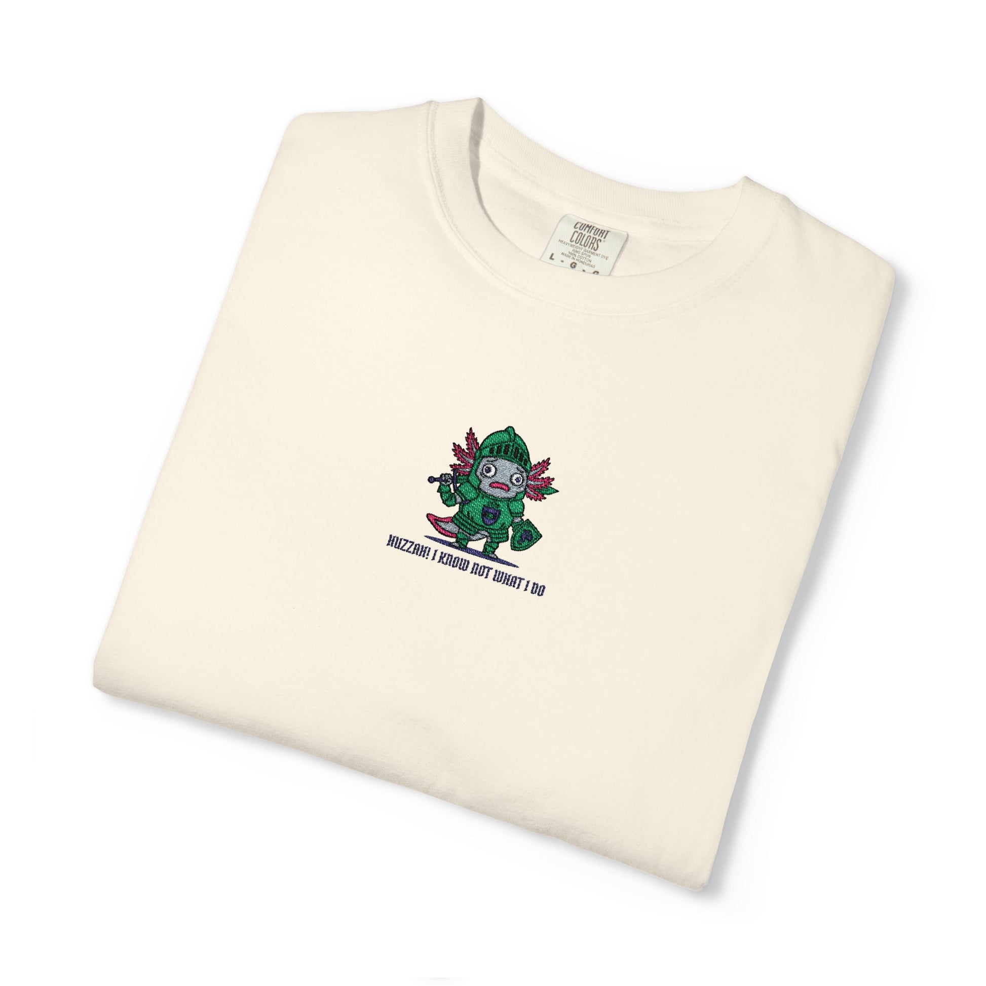 Comfort Colors® Axolotl Knight Embroidered T-Shirt – Huzzah! I Know Not What I Do | TEEZOCA 