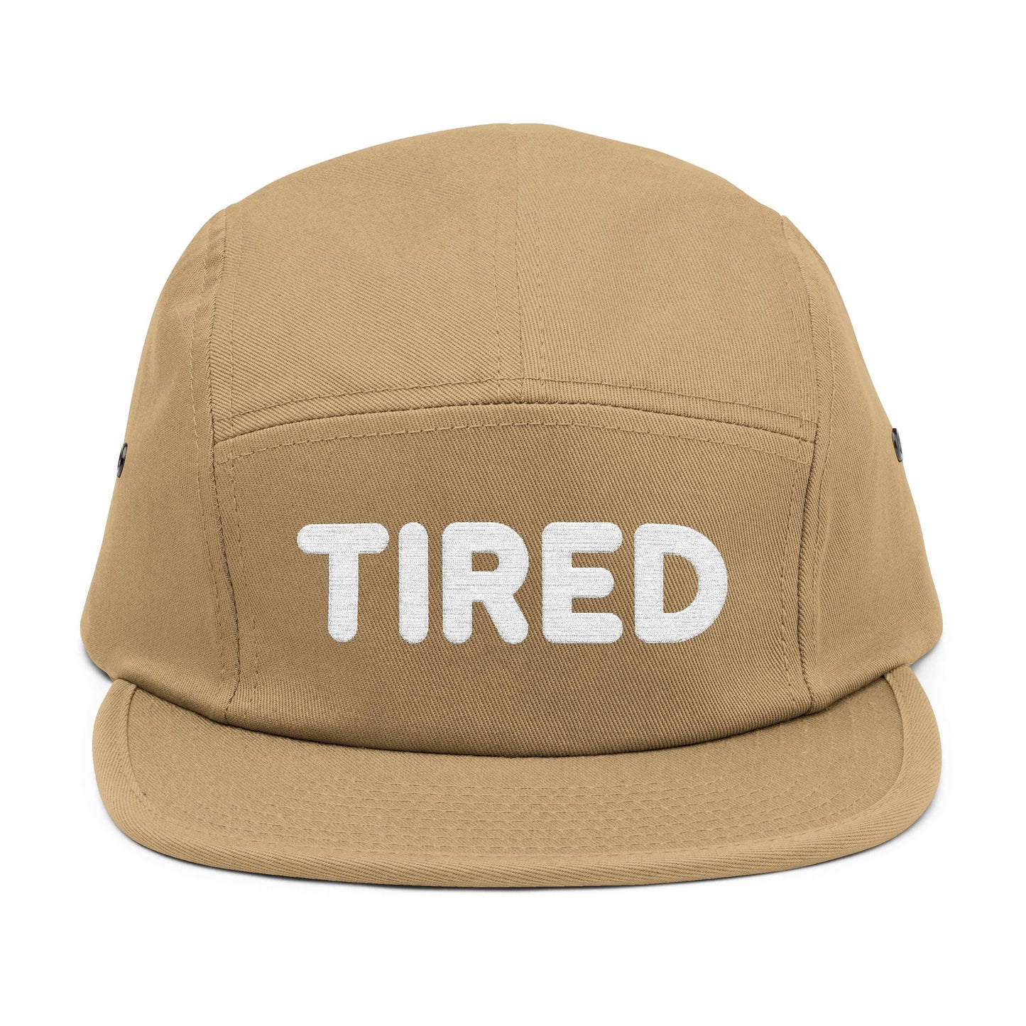 Tan cap with 'TIRED' text on a white background. TIRED minimalist text embroidered on 5-panel cap by TEEZOCA