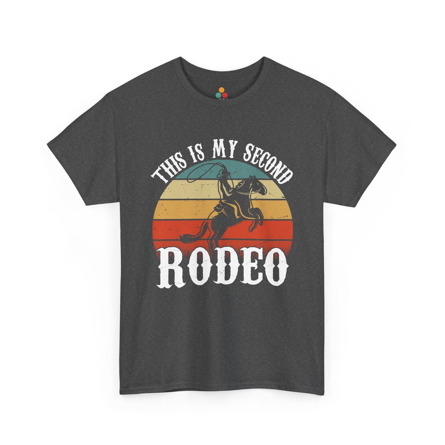 Gray t-shirt with 'This is my second rodeo' graphic design on a white background