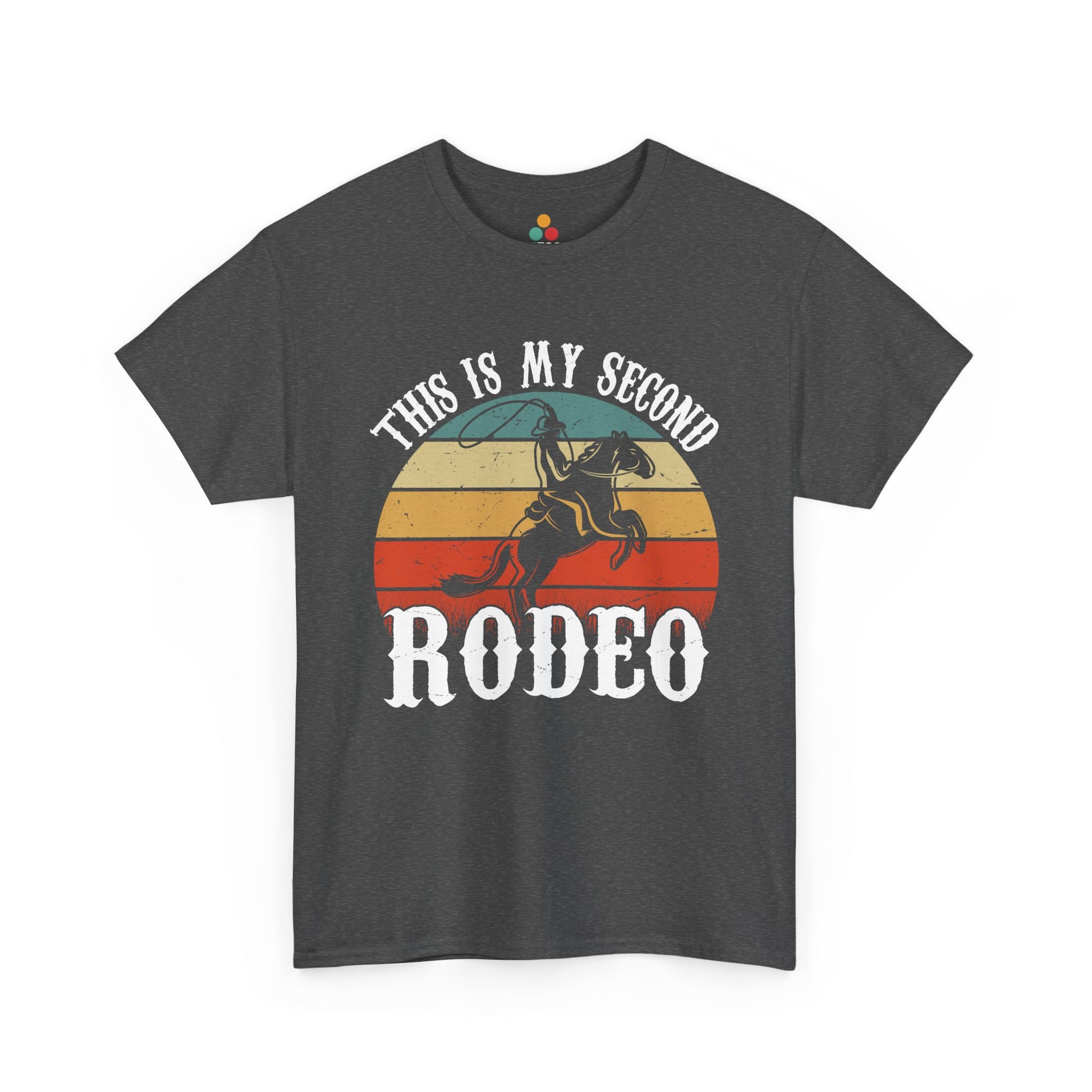Gray t-shirt with 'This is my second rodeo' graphic design on a white background