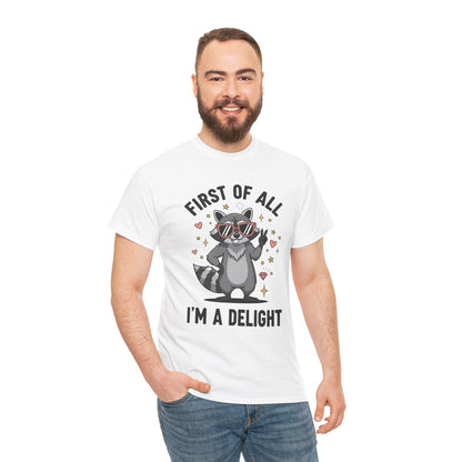 Man wearing a TEEZOCA “First Of All I’m A Delight” cute raccoon graphic tee.