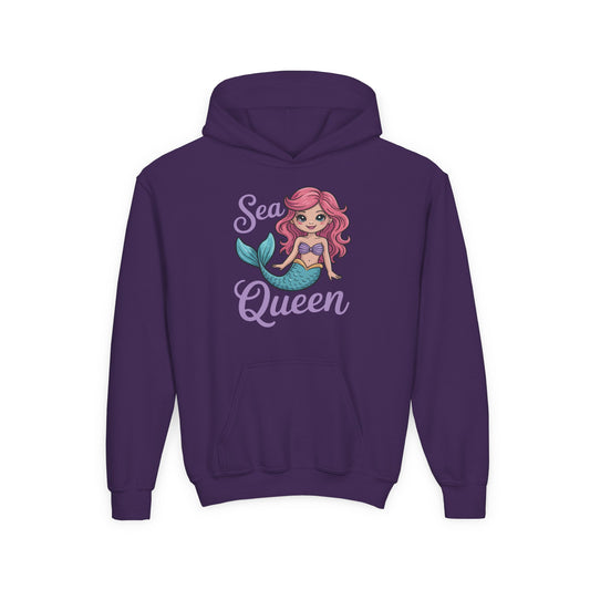 Youth hoodie with ocean-themed mermaid character and Sea Queen wording TEEZOCA