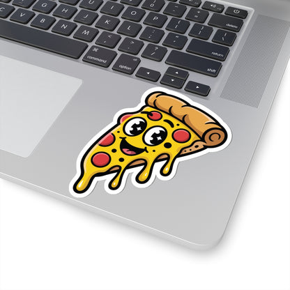 Laptop with a cartoon pizza slice sticker on the palm rest area. TEEZOCA