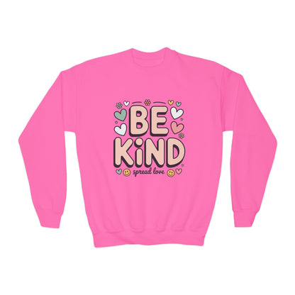 Be Kind Youth Crewneck Sweatshirt — Cute Heart Graphic, Spread Love Kids Sweater TEEZOCA