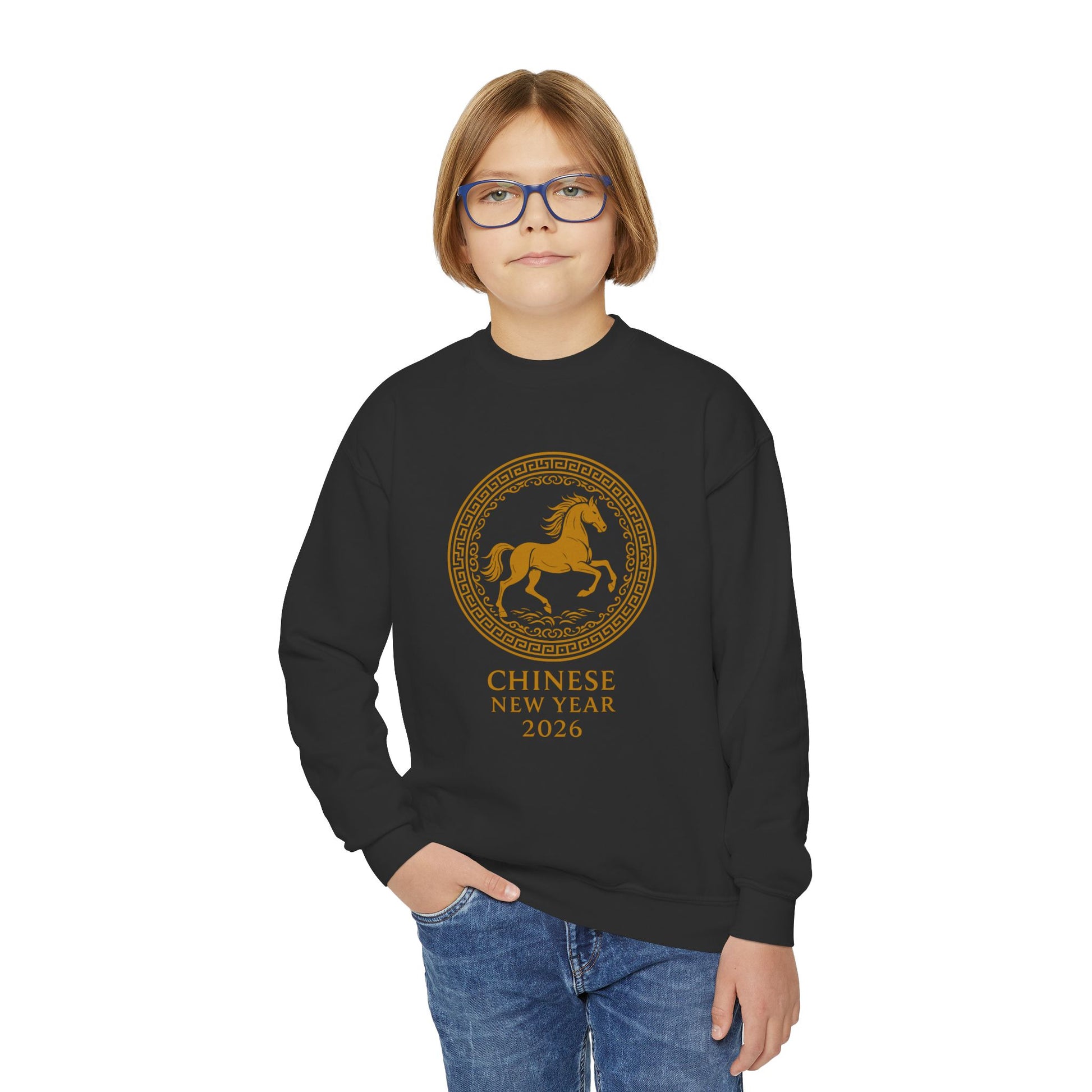 Chinese New Year Horse Kids Sweatshirt – Gold Zodiac Horse Jumper for Lunar New Year 2026 TEEZOCA