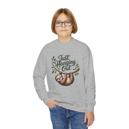 Youth Crewneck Sweatshirt — "Just Hanging Out" Sloth Graphic TEEZOCA