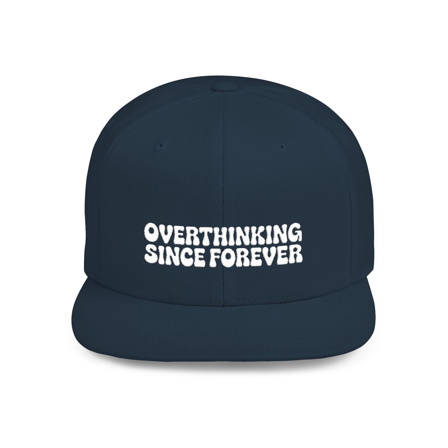 Navy blue cap with 'OVER THINKING SINCE FOREVER' text on a white background
