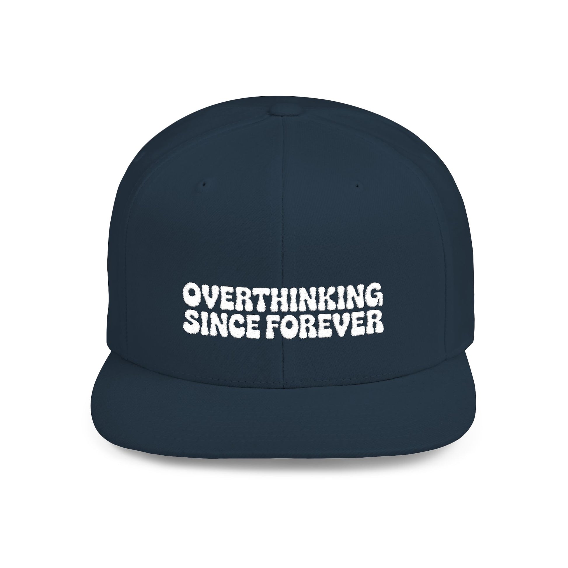 Navy blue cap with 'OVER THINKING SINCE FOREVER' text on a white background