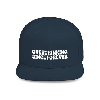 Navy blue cap with 'OVER THINKING SINCE FOREVER' text on a white background