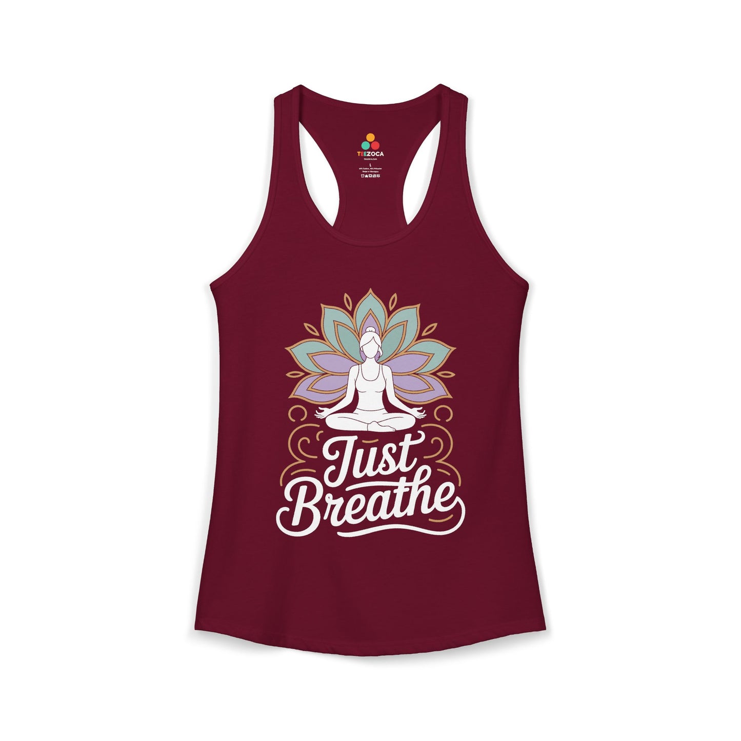 Maroon tank top with a Buddha and lotus design and 'Just Breathe' text on a white background. TEEZOCA women’s tank top featuring a mindfulness yoga illustration for meditation and wellness
