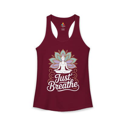 Maroon tank top with a Buddha and lotus design and 'Just Breathe' text on a white background. TEEZOCA women’s tank top featuring a mindfulness yoga illustration for meditation and wellness