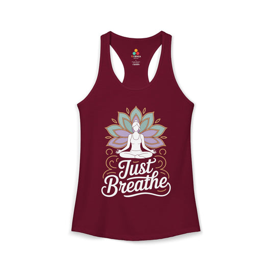 Maroon tank top with a Buddha and lotus design and 'Just Breathe' text on a white background. TEEZOCA women’s tank top featuring a mindfulness yoga illustration for meditation and wellness