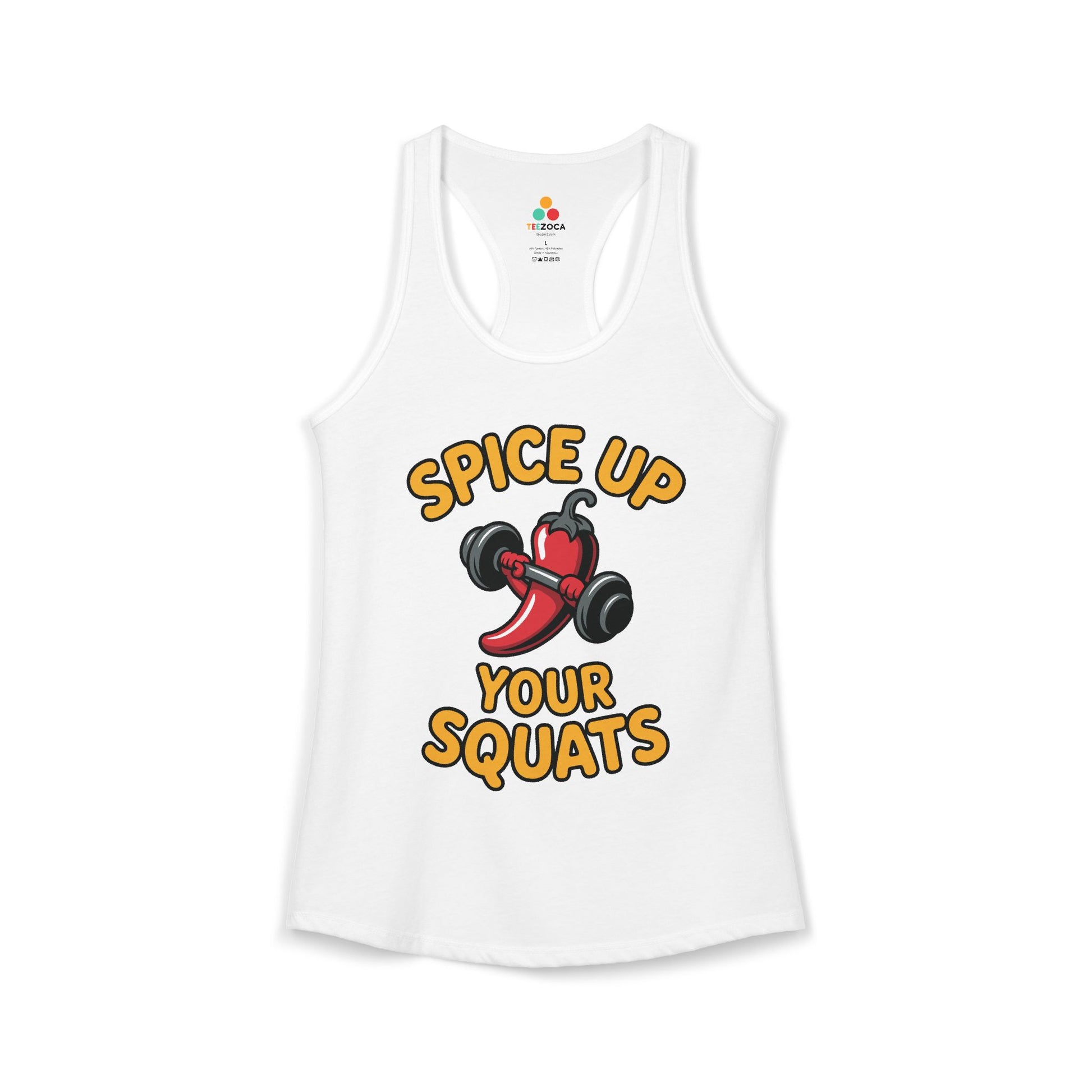 White tank top with a red pepper graphic and text on a white background. TEEZOCA women’s fitness tank top with “Spice Up Your Squats” chili pepper gym design