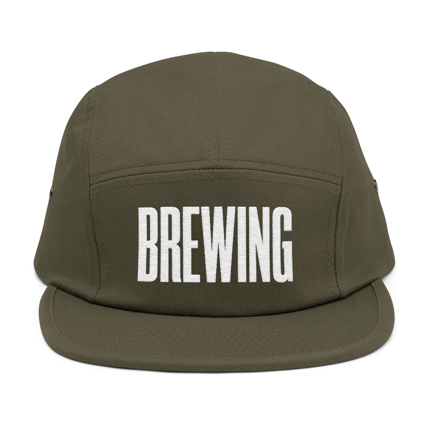 Green cap with 'BREWING' text on a white background. BREWING minimalist text embroidery design on 5-panel cap. TEEZOCA