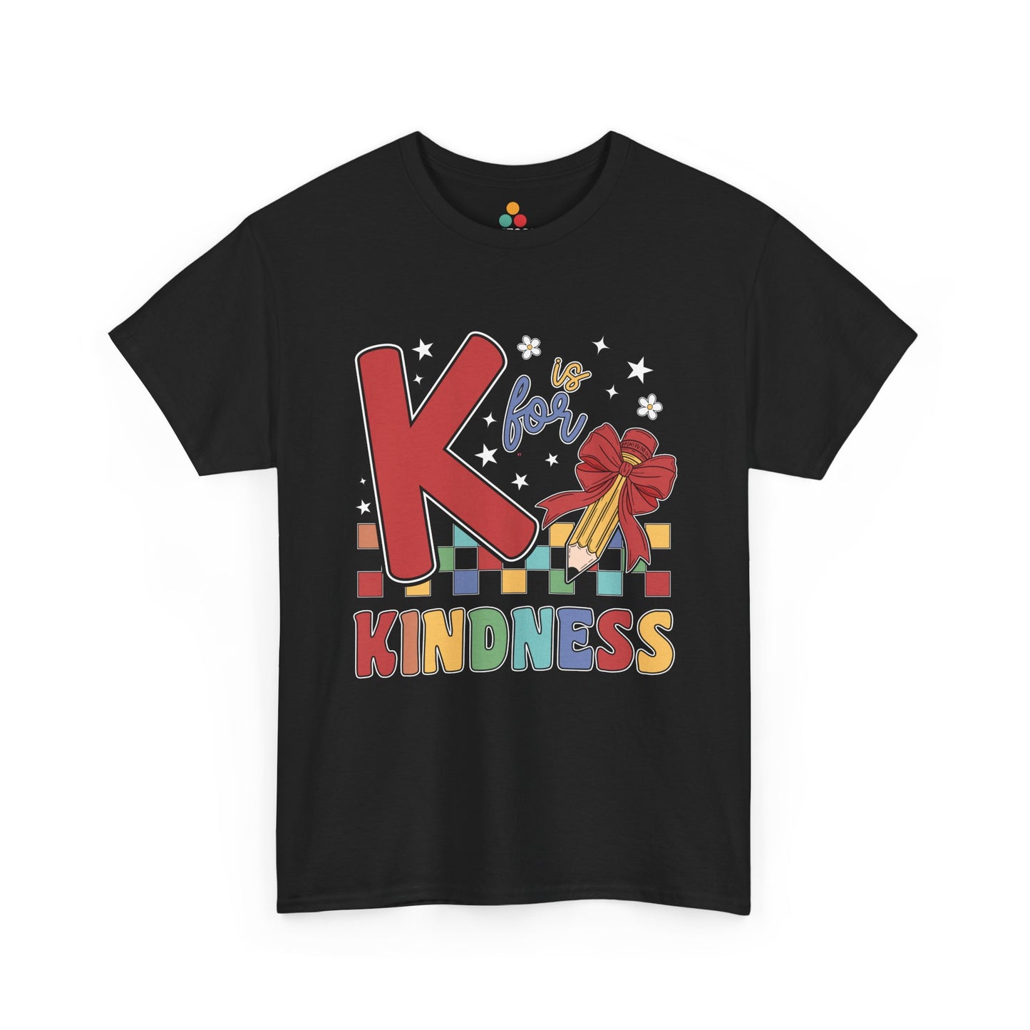 “Teezoca K is for Kindness teacher shirt, big red K with pencil and bow, rainbow checkerboard kindness letters, black tee, front view.”

