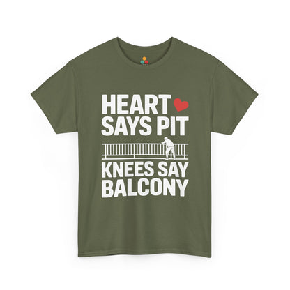 Olive green t-shirt mockup with “Heart Says Pit Knees Say Balcony” balcony design, front print.