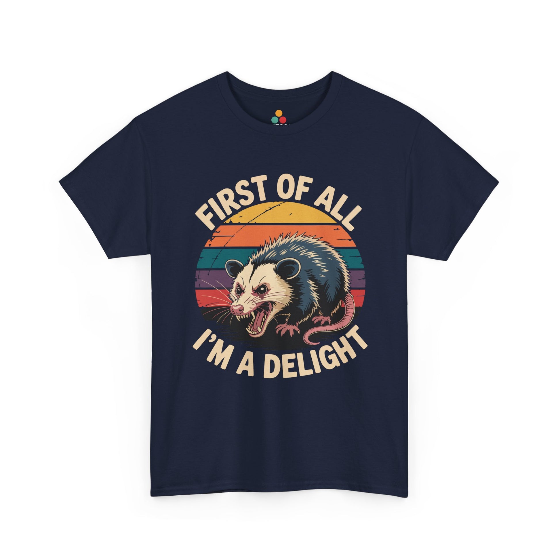 TEEZOCA navy “First Of All I’m A Delight” retro sunset opossum t‑shirt displayed flat.
