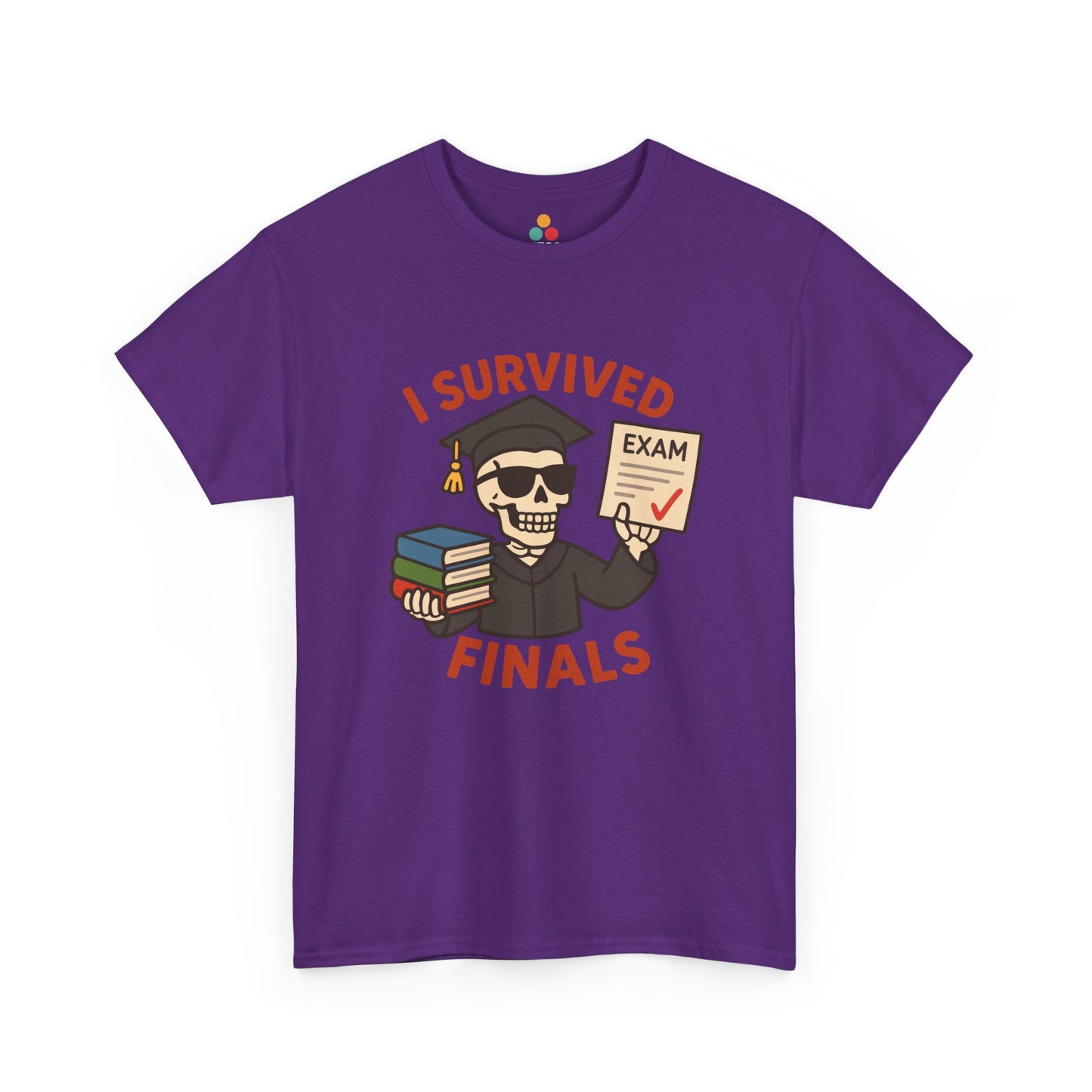 Purple t-shirt with a graphic of a skeleton in a graduation cap and gown, holding books and a checkmark, with text 'I Survived Finals' on a white background.