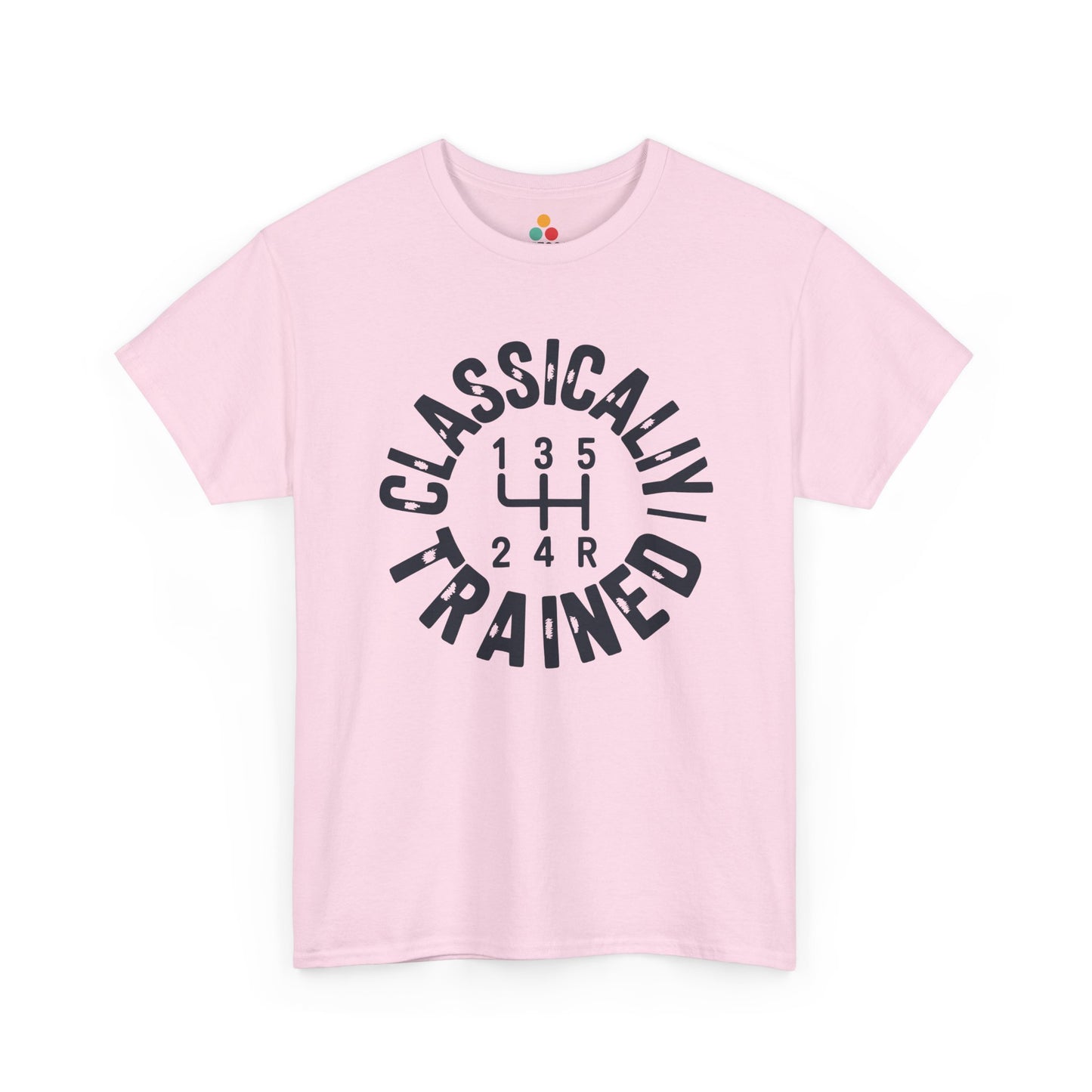 Light pink t‑shirt with black “Classically Trained” shift‑pattern design, flat front view.​