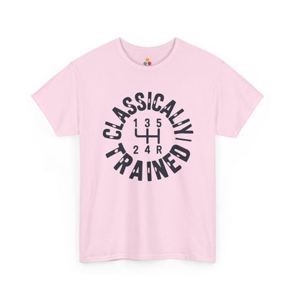 Light pink t‑shirt with black “Classically Trained” shift‑pattern design, flat front view.​